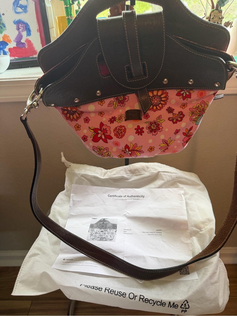 Dolce & Gabbana Pink Floral Canvas Crossbody with Brown Leather Trim with COA